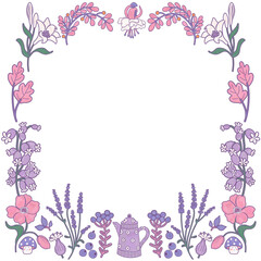 White purple flowers, pink leaves. Fairy magical forest floral frame. Isolated template border in folk doodle style.