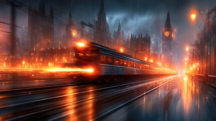Fototapeta premium A futuristic train speeding through a rainy, glowing urban environment with gothic architecture and intense light trails at night.