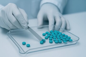 Gloved hands meticulously count blue pills on a clear tray, symbolizing pharmaceutical research, quality control, and precise medication dosage in a sterile lab.