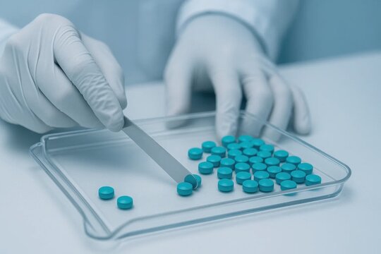 Gloved hands meticulously count blue pills on a clear tray, symbolizing pharmaceutical research, quality control, and precise medication dosage in a sterile lab.