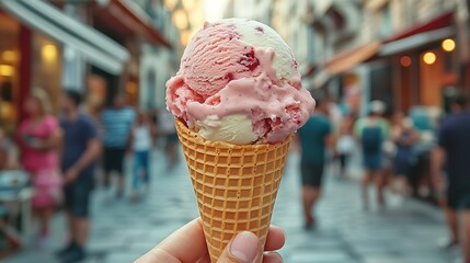 Close-up of Hand Holding Strawberry & Vanilla Waffle Cone Ice Cream on Busy Street | Food Photography Stock Image