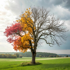 Obraz premium A tree shedding both colorful and colorless leaves.