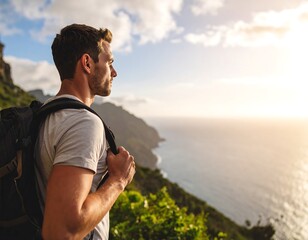 Man hiking overlooking ocean
