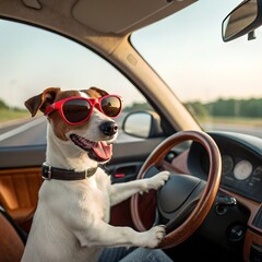 A small dog with brown and white fur wearing red sunglasses sits in the driver's seat of a car. The sun is setting in the background, creating a warm atmosphere.