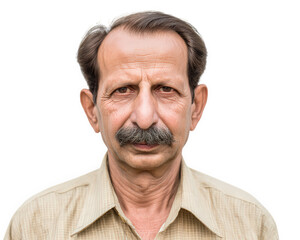 Obraz premium Middle aged man mustache serious expression brown hair light brown shirt isolated transparency background portrait South Asian mature close up