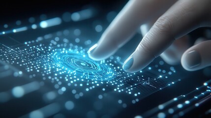 Engineer technician hologram concept. A hand interacts with a glowing digital interface, showcasing technology and innovation.