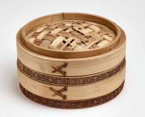 Two-tiered bamboo steamer with a woven lid, featuring decorative brown geometric patterns and stylized crossed elements near the base