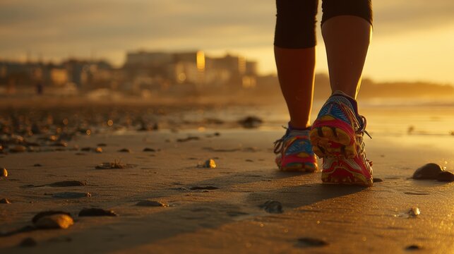 Person walking on a sandy beach at sunset, wearing colorful running shoes, with a blurred cityscape in the background