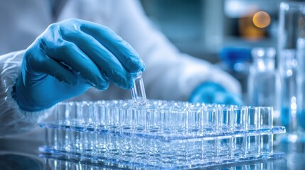 A gloved scientist&rsquo;s hand places a test tube into a tray of glass vials inside a laboratory environment