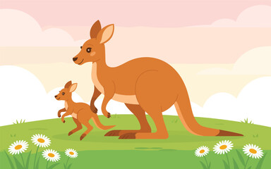 Cute Kangaroo and Joey Cartoon Illustration on a Spring Meadow