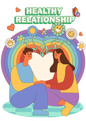 Mental Health Clipart &ndash; Healthy Relationship, Love Couple, Emotional Support, Hippie Style Illustration