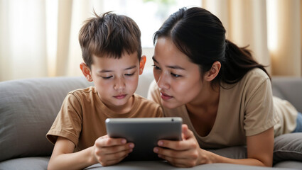 Candid, indoor photograph featuring a young boy and his mom. The boy is intently focused on a tablet device. 