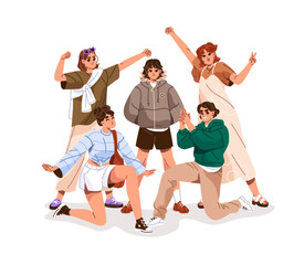 Group of excited friends celebrates success, rejoices at winning. Happy people are posing together. Cute team is gesturing, hands up, smiles. Flat isolated vector illustration on white background