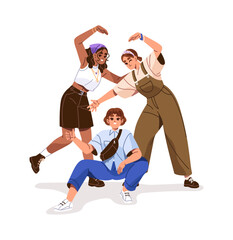 Happy group of cute girls is posing together. Smiling people are hand gesturing heart sign, wink. Excited friends show symbol of love, friendship. Flat isolated vector illustration on white background