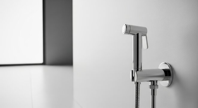 modern chrome bidet spray faucet mounted on white bathroom wall