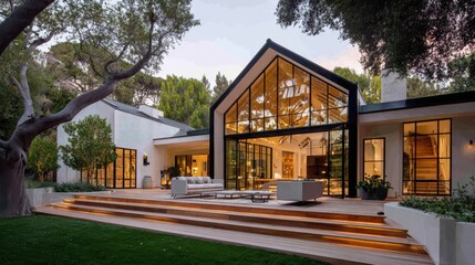 Modern house with large glass windows, outdoor seating, wooden deck, and surrounded by lush greenery at sunset