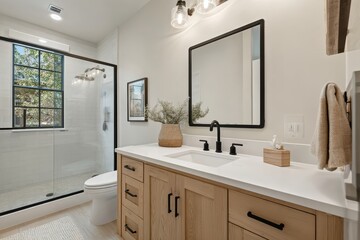 Modern bathroom with wood cabinets, black fixtures, large mirror, and a glass shower enclosure with natural light