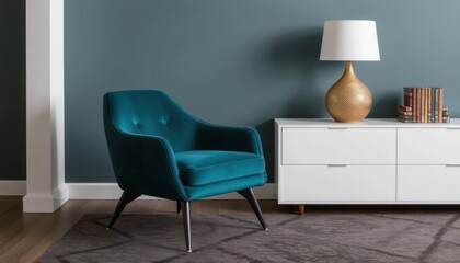 Elegant interior design featuring a teal armchair, lamp, and a white cabinet