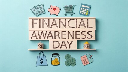 Financial Awareness Day concept featuring money, piggy bank, calculator, and shopping cart on a light blue background.