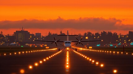 Fototapeta premium Turboprop airplane on runway illuminated by bright orange lights during a dramatic sunset