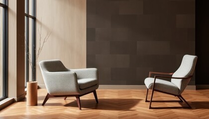 Elegant interior design with two armchairs, a window, and stylish decor elements