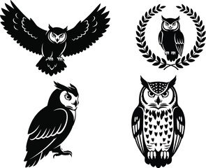 Fototapeta premium Four owl illustrations in black and white showcase different poses and styles.