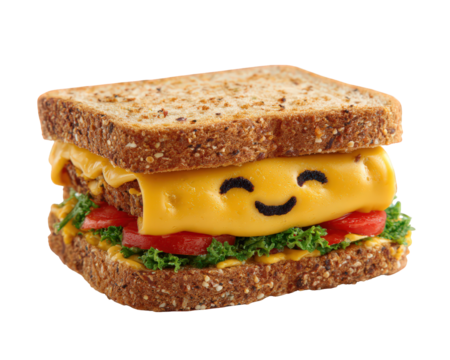 Smiling sandwich cheese vegetable whole grain bread lettuce tomato happy cartoon face isolated lunch. cheerful sandwich with cheese lettuce and tomato whole grain bread featuring cute smiling face