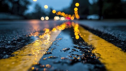 Wet asphalt road at night, reflecting blurry city lights, shallow depth of field, focusing on yellow road markings and water droplets