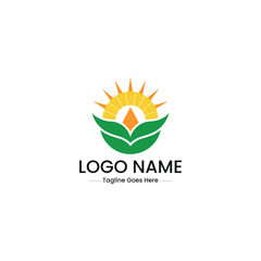 Vector art of a logo design featuring a sun rising over green leaves