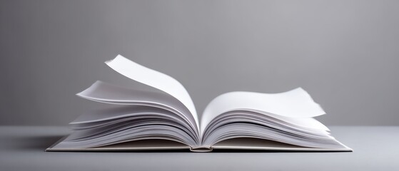Obraz premium An open book with blank pages lies on a flat surface, pages slightly turning, against a plain gray background