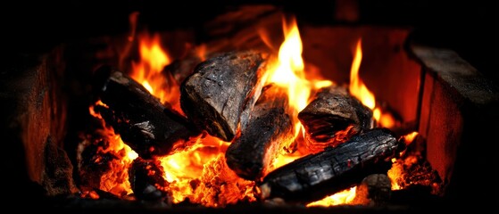 Burning logs in a bright, roaring fire create a warm and cozy atmosphere with glowing embers and vivid orange flames