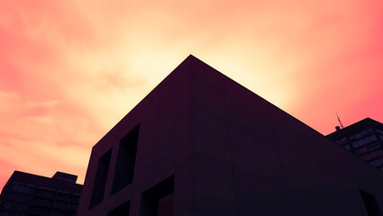 Modern architectural silhouette against vibrant red sky