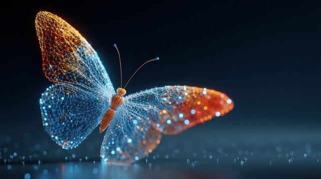 A digital butterfly made of glowing blue and orange network lines and dots on a dark background