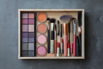 Wooden tray holding eyeshadow palette, blush, lipsticks, and various makeup brushes and tools, arranged neatly on a dark gray surface