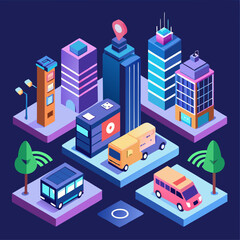 A cityscape with a variety of vehicles including buses, trucks, and cars. The buildings are tall and colorful, and there is a tree in the foreground. Scene is lively and bustling, with the vehicles