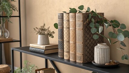 Literary Haven: A still life composition showcasing the timeless elegance of vintage books and natural elements, creating a warm and inviting ambiance for reading.
