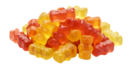 A pile of colorful, translucent gummy bears, white background isolated