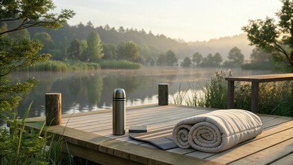 Serene Lakeside Morning: A tranquil morning scene unfolds on a wooden deck, overlooking a misty lake. the calm environment that invites to yoga practice or relaxation.