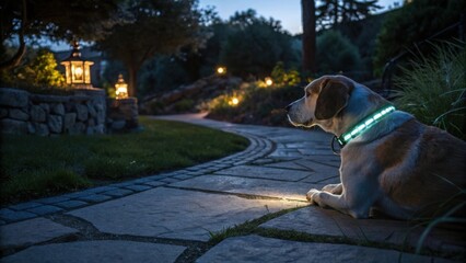 Night Watch: A loyal canine, illuminated by a glowing collar, guards a tranquil garden pathway at twilight, with soft lighting and a sense of serene solitude.