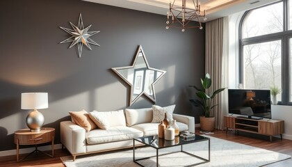 Fototapeta premium Elegant living room interior with star mirrors and stylish furniture design