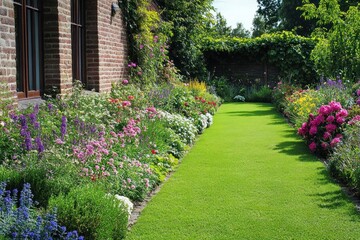 Classic English cottage garden with lush lawn, blooming flowers, and brick wall