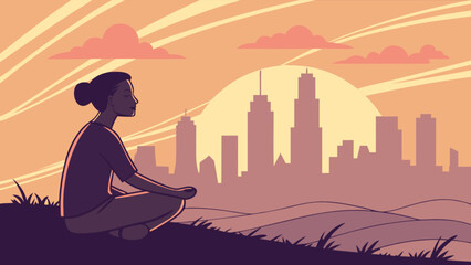 Woman meditating mindfulness in city park at sunset for mental health and wellness illustration design