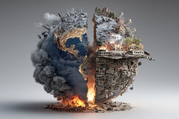 Globe split: chaos and peace in a surreal global image. International policy. The new world order: speculation, reality, and global power structures. Conspiracy theories. Historical roots.