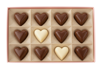 An open box of assorted heart-shaped chocolates, white background isolated