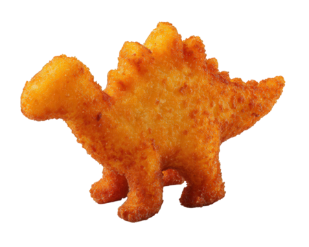 Dinosaur shaped chicken nugget crispy golden brown isolated fun playful snack food children meal. whimsical dinosaur shaped chicken nugget with crispy golden brown texture perfect for playful