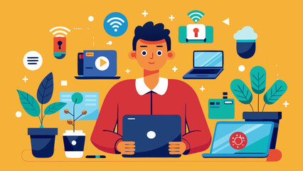 A man is sitting at a desk with a laptop and a cell phone. He is smiling and he is enjoying his work. The desk is cluttered with various items, including a potted plant, a cup, a keyboard