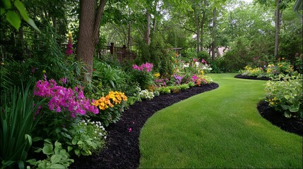 Obraz premium Lush garden pathway adorned with vibrant flowers and green grass, creating a serene escape for relaxation.