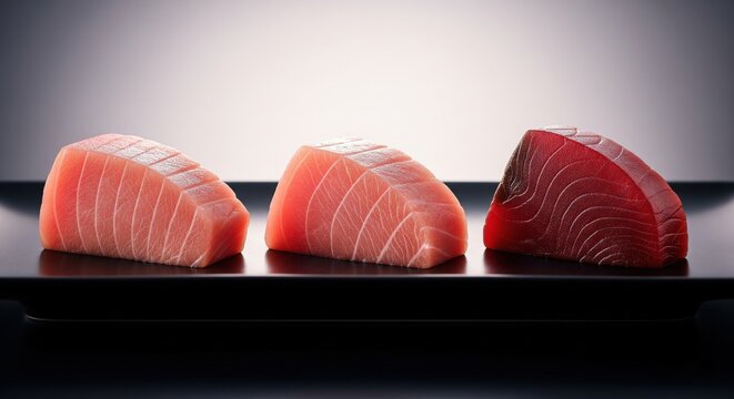 Three cuts of fresh tuna sashimi: otoro, chutoro, and akami