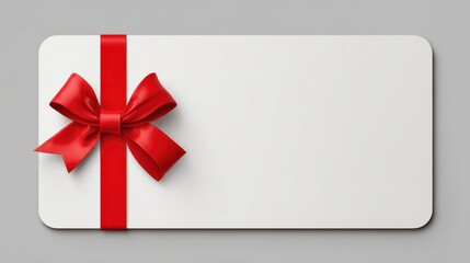 A blank white gift card with a red ribbon and bow on a gray background, ready for customization or gifting