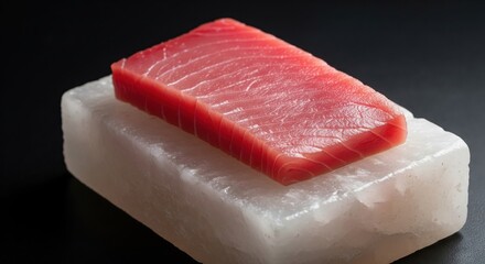 Raw Bluefin tuna akami block for sashimi on a salt block.